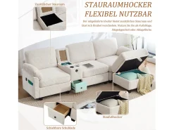 Sofá moderno de 3 plazas - 266 x 136 x 82 cm - con 2 portavasos + puerto USB-C + cajón + otomana extraíble con almacenaje - terciopelo - beige