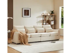 Sofá moderno de 4 plazas con 4 cojines - 264 x 83 x 87 cm - Tela de lino - Beige