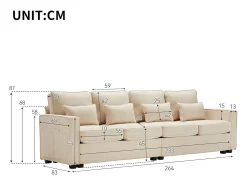 Sofá moderno de 4 plazas con 4 cojines - 264 x 83 x 87 cm - Tela de lino - Beige