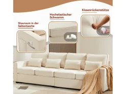Sofá moderno de 4 plazas con 4 cojines - 264 x 83 x 87 cm - Tela de lino - Beige