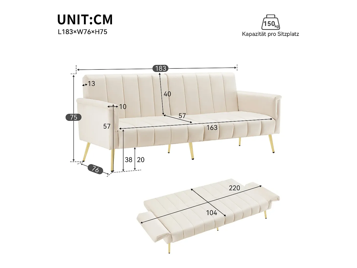 Sofá moderno de terciopelo beige con respaldo y reposabrazos ajustables – para salón, dormitorio o cine en casa