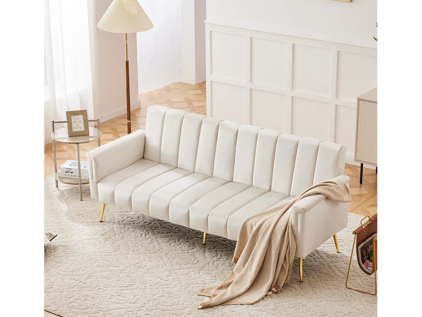 Sofá moderno de terciopelo beige con respaldo y reposabrazos ajustables – para salón, dormitorio o cine en casa
