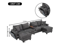 Sofá moderno en forma de U - con USB, Type-C y lámpara de lectura - con luces LED en la puerta - con portavasos y 2 reposapiés - pana acanalada - Gris