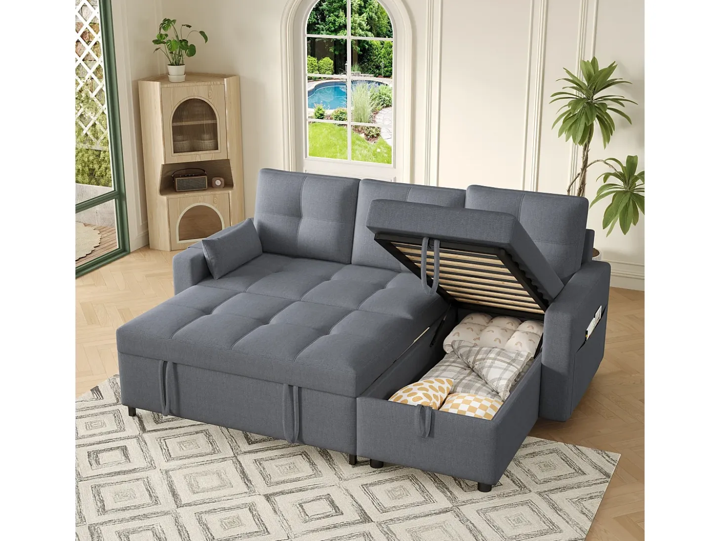 Sofá moderno en L - Sofá cama modular - Función de cama - Con almacenamiento - Con portavasos - Gris
