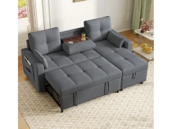 Sofá moderno en L - Sofá cama modular - Función de cama - Con almacenamiento - Con portavasos - Gris