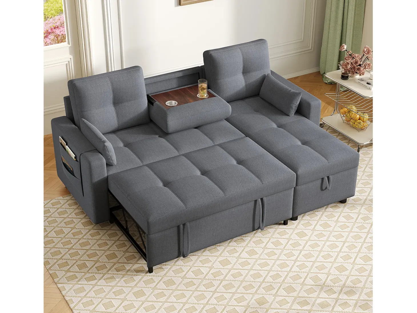 Sofá moderno en L - Sofá cama modular - Función de cama - Con almacenamiento - Con portavasos - Gris