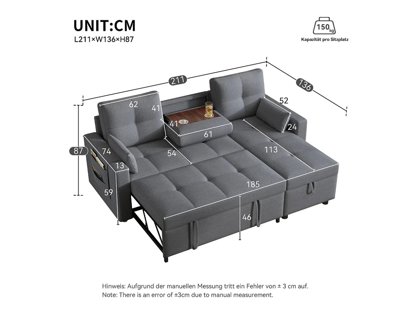 Sofá moderno en L - Sofá cama modular - Función de cama - Con almacenamiento - Con portavasos - Gris