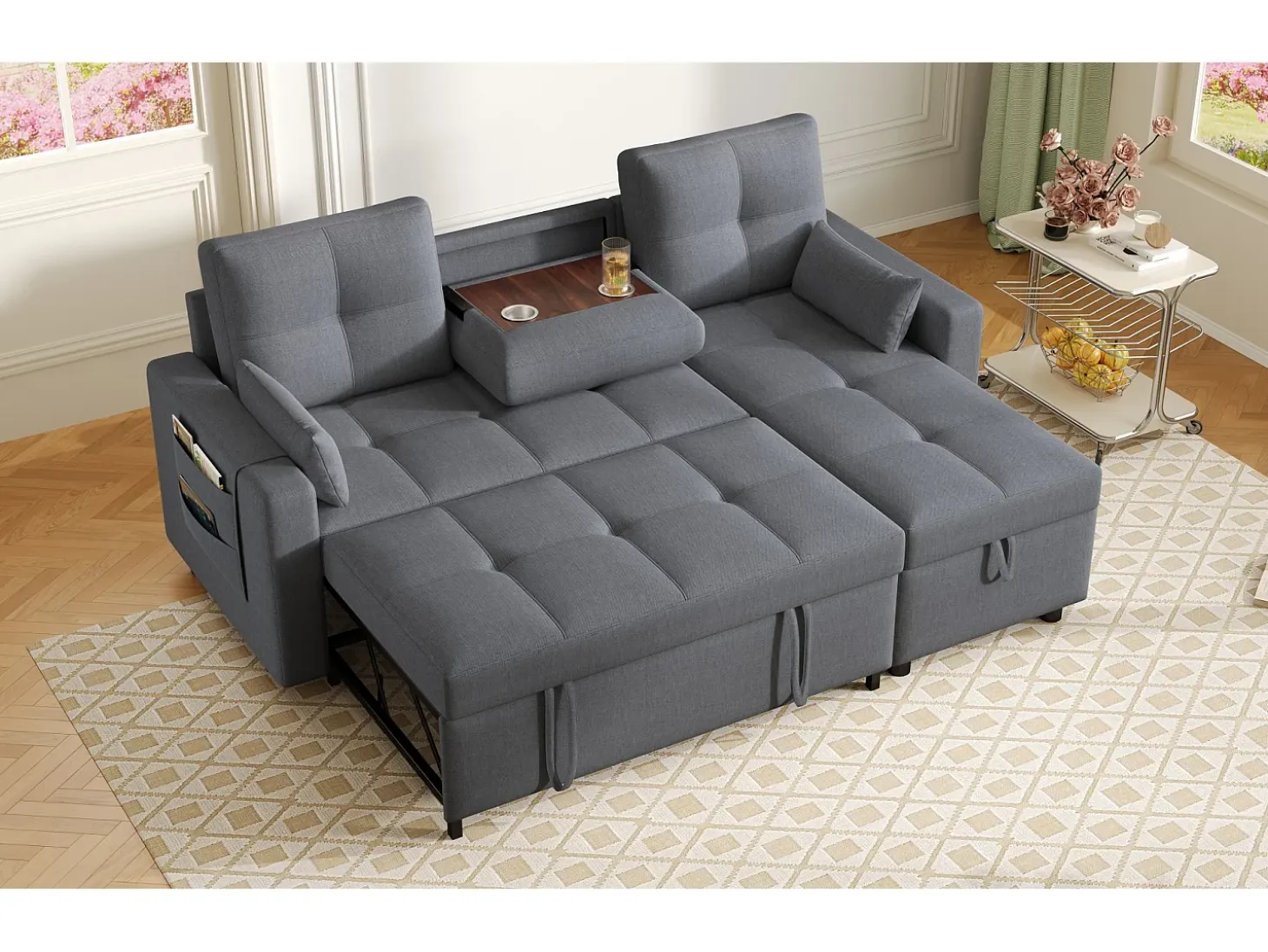 Sofá moderno en L - Sofá cama modular - Función de cama - Con almacenamiento - Con portavasos - Gris