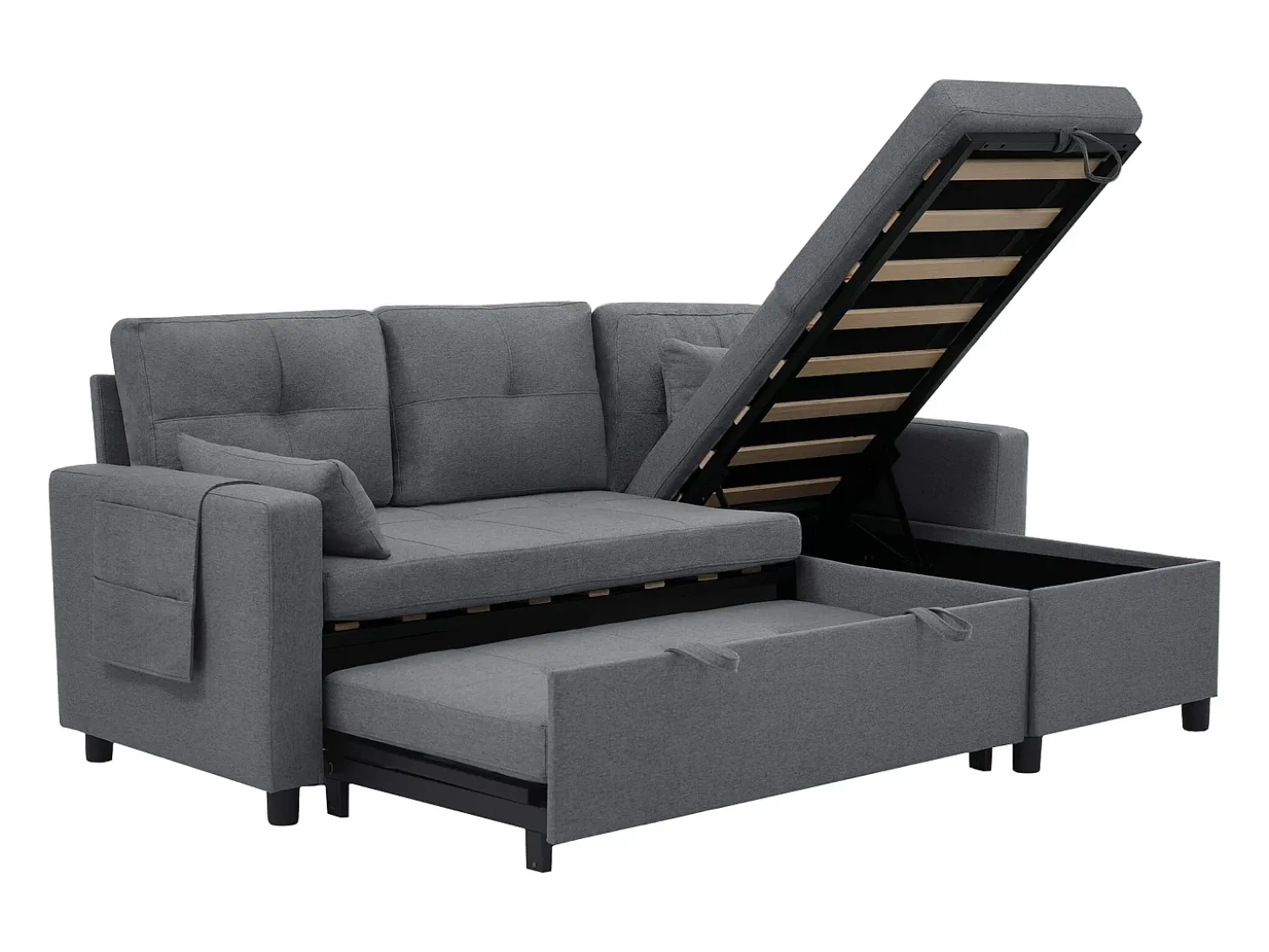 Sofá moderno en L - Sofá cama modular - Función de cama - Con almacenamiento - Con portavasos - Gris
