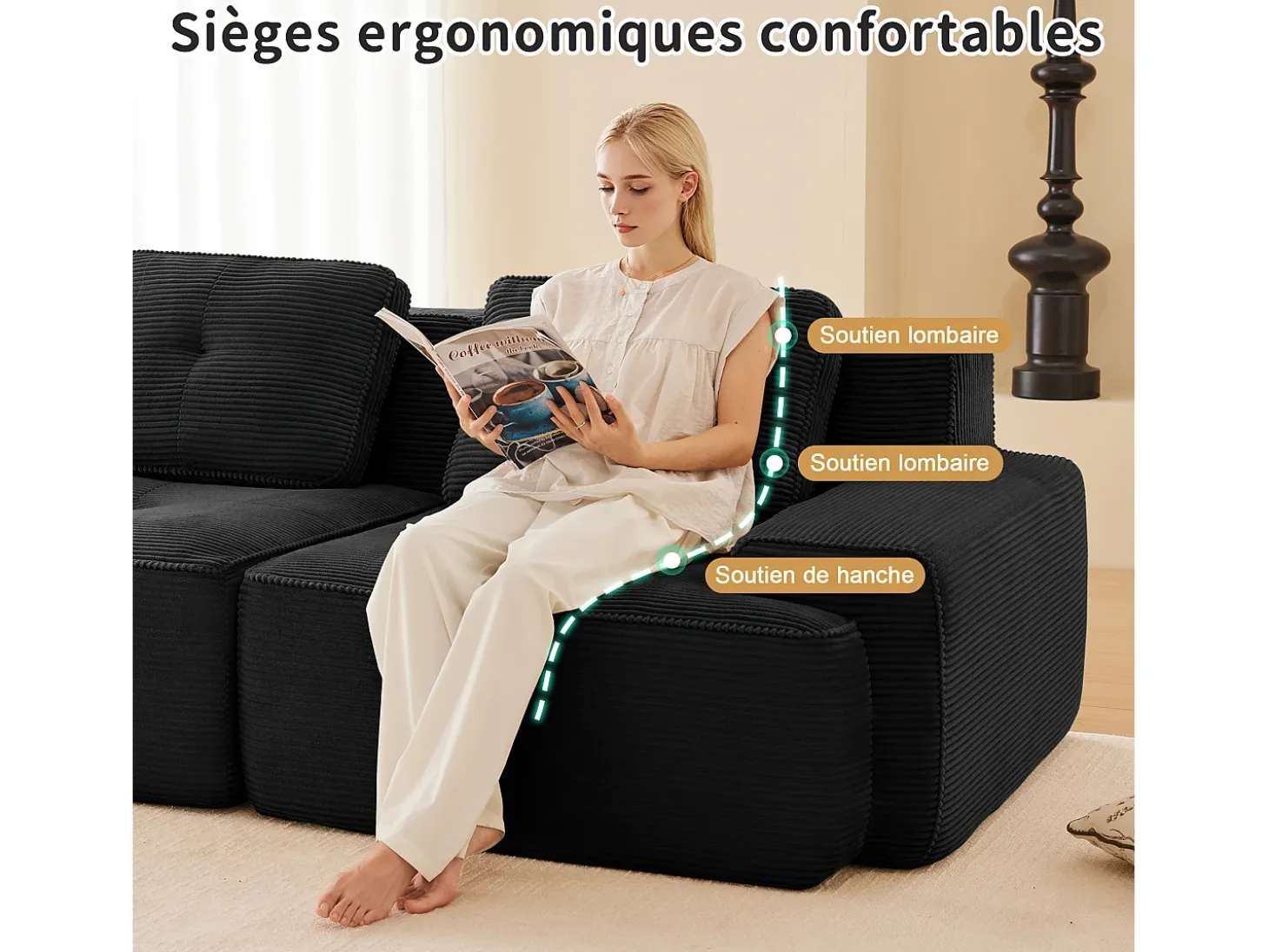 Sofá Modular 4 plazas en Pana, con otomana y 4 cojines, 382x177x69cm, Negro
