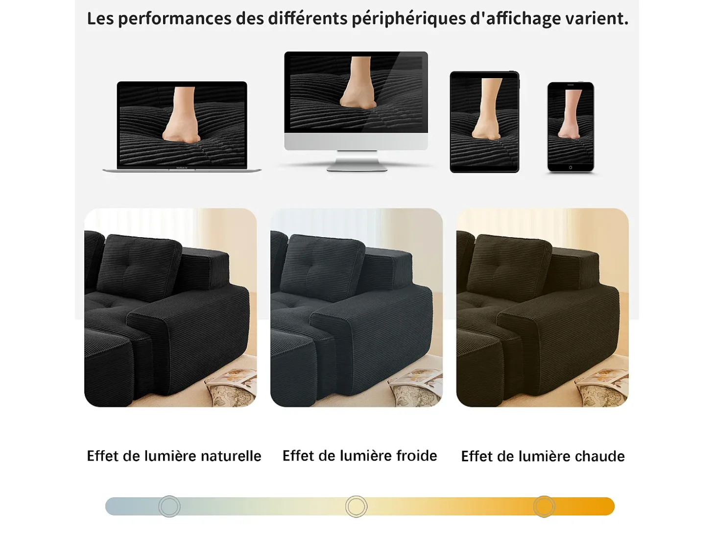 Sofá Modular 4 plazas en Pana, con otomana y 4 cojines, 382x177x69cm, Negro
