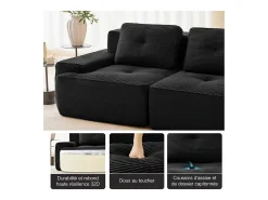 Sofá Modular 4 plazas en Pana, con otomana y 4 cojines, 382x177x69cm, Negro