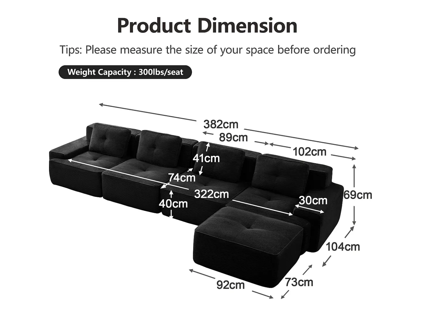 Sofá Modular 4 plazas en Pana, con otomana y 4 cojines, 382x177x69cm, Negro