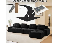 Sofá Modular 4 plazas en Pana, con otomana y 4 cojines, 382x177x69cm, Negro