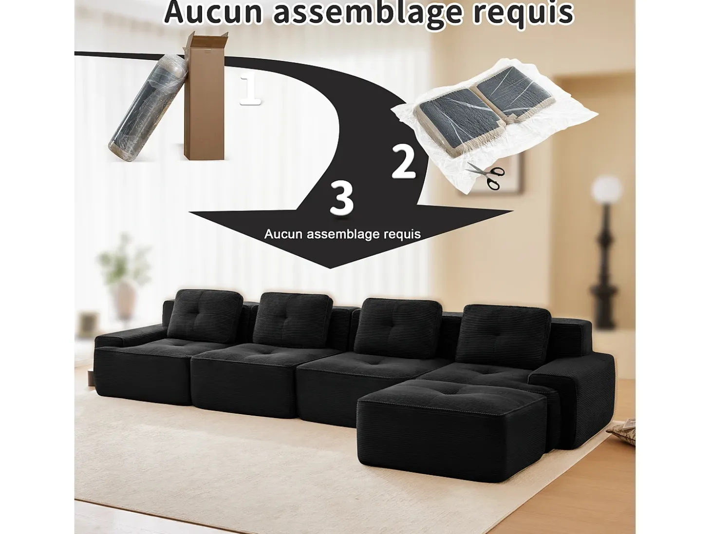 Sofá Modular 4 plazas en Pana, con otomana y 4 cojines, 382x177x69cm, Negro