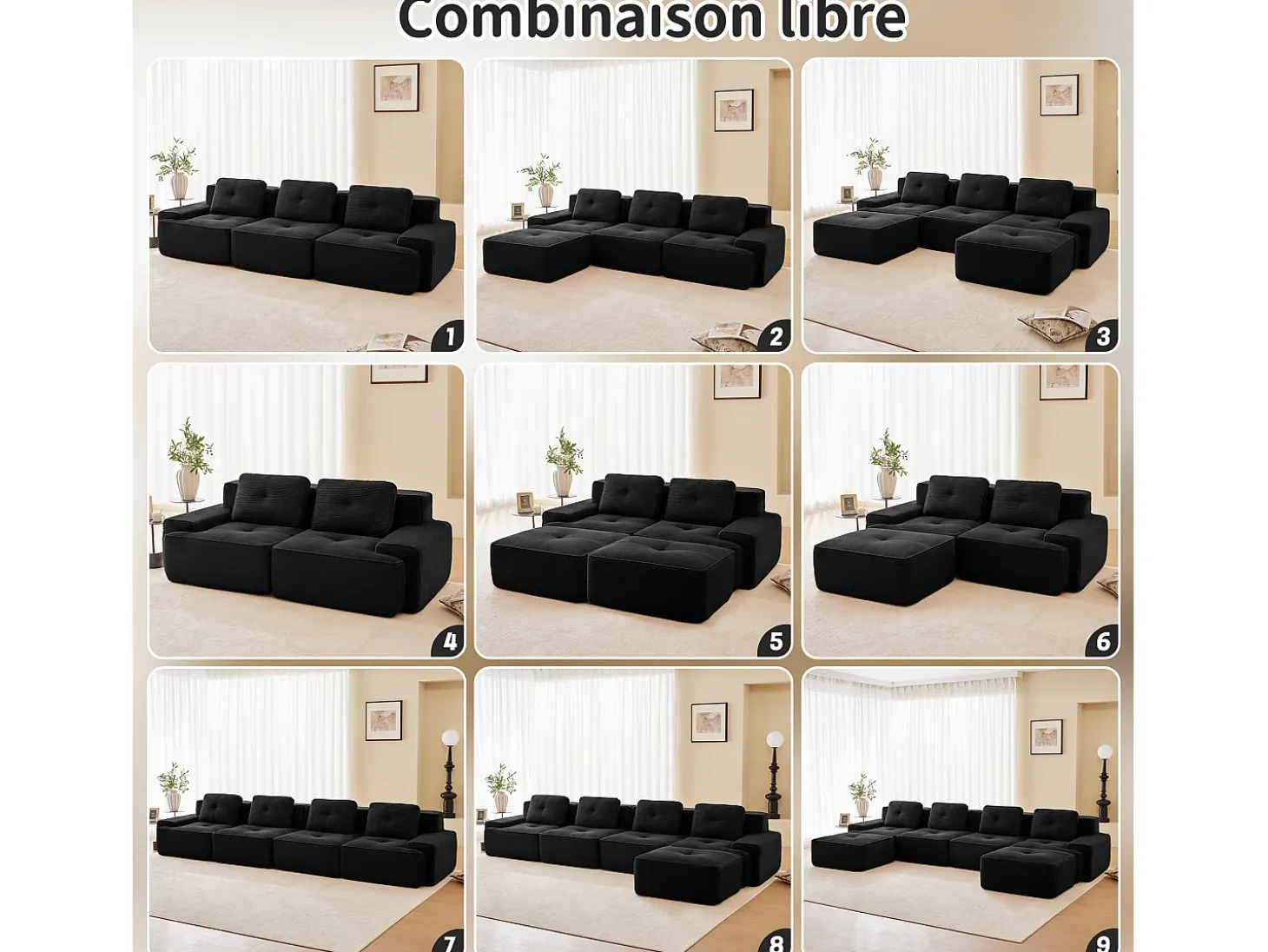 Sofá Modular 4 plazas en Pana, con otomana y 4 cojines, 382x177x69cm, Negro