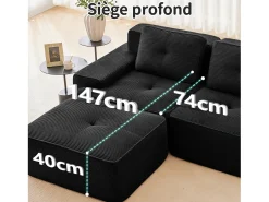 Sofá Modular 4 plazas en Pana, con otomana y 4 cojines, 382x177x69cm, Negro