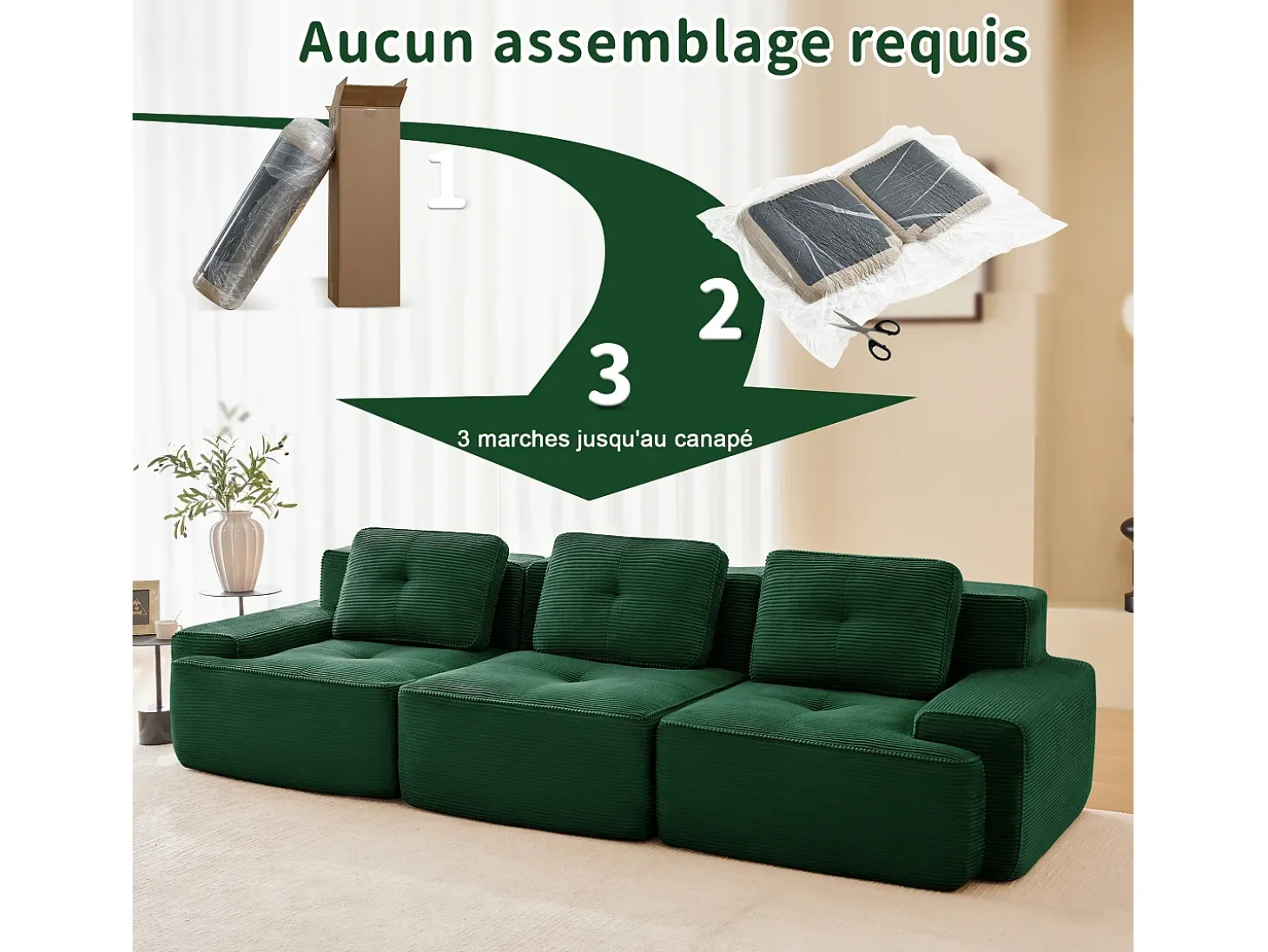 Sofá Modular 3 plazas en Pana, con 3 cojines, 74cm asiento extra profundo, 293x104x69cm, Verde