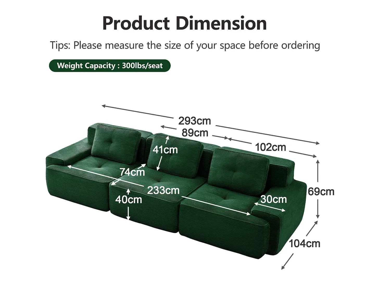 Sofá Modular 3 plazas en Pana, con 3 cojines, 74cm asiento extra profundo, 293x104x69cm, Verde