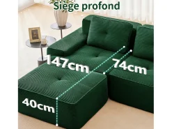 Sofá Modular 3 plazas en Pana, con 3 cojines, 74cm asiento extra profundo, 293x104x69cm, Verde