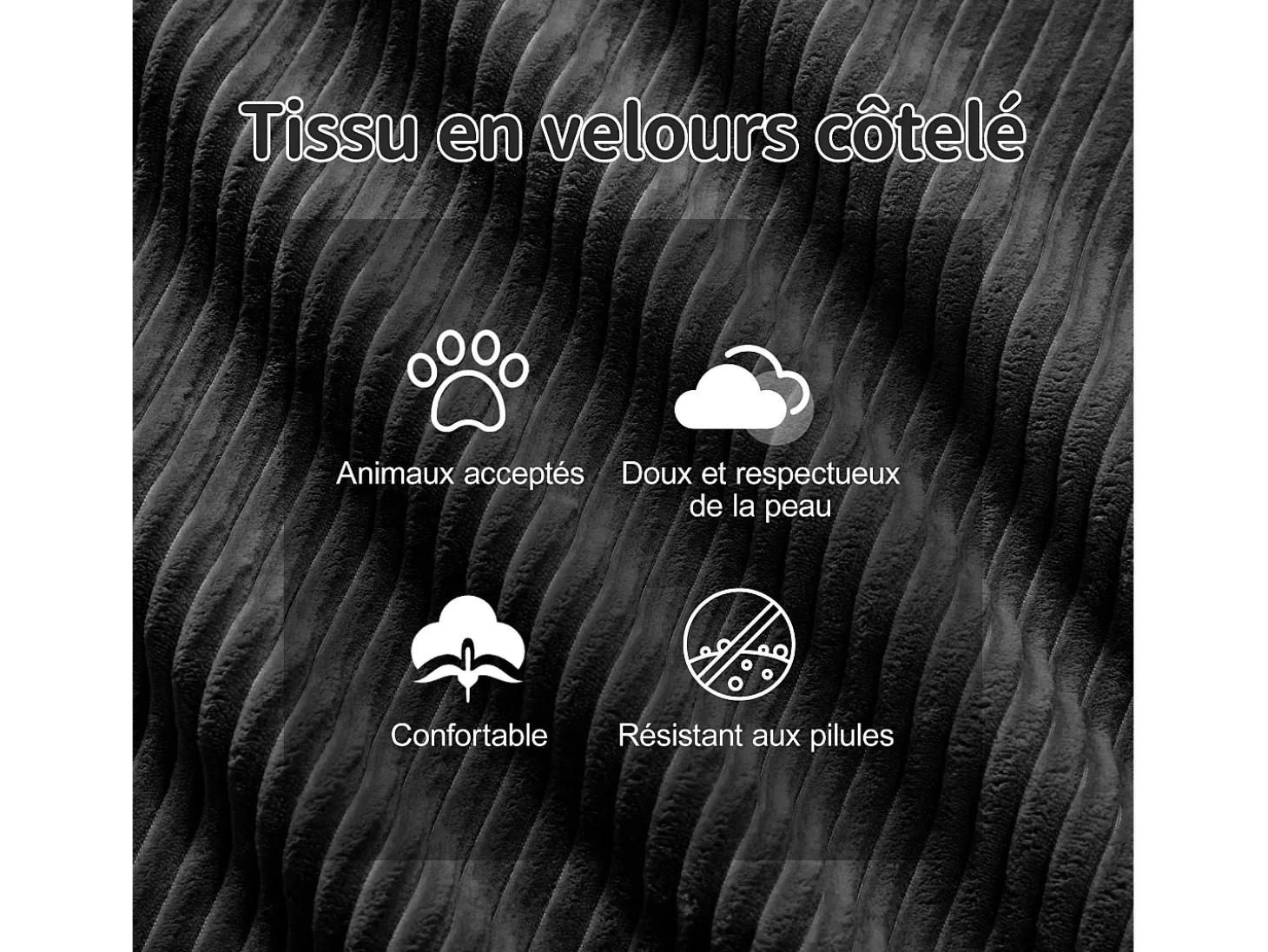 Sofá Modular 2 plazas en Pana, con otomana y 2 cojines, 204x177x69cm, Negro