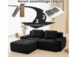 Sofá Modular 2 plazas en Pana, con otomana y 2 cojines, 204x177x69cm, Negro