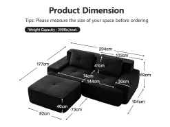 Sofá Modular 2 plazas en Pana, con otomana y 2 cojines, 204x177x69cm, Negro