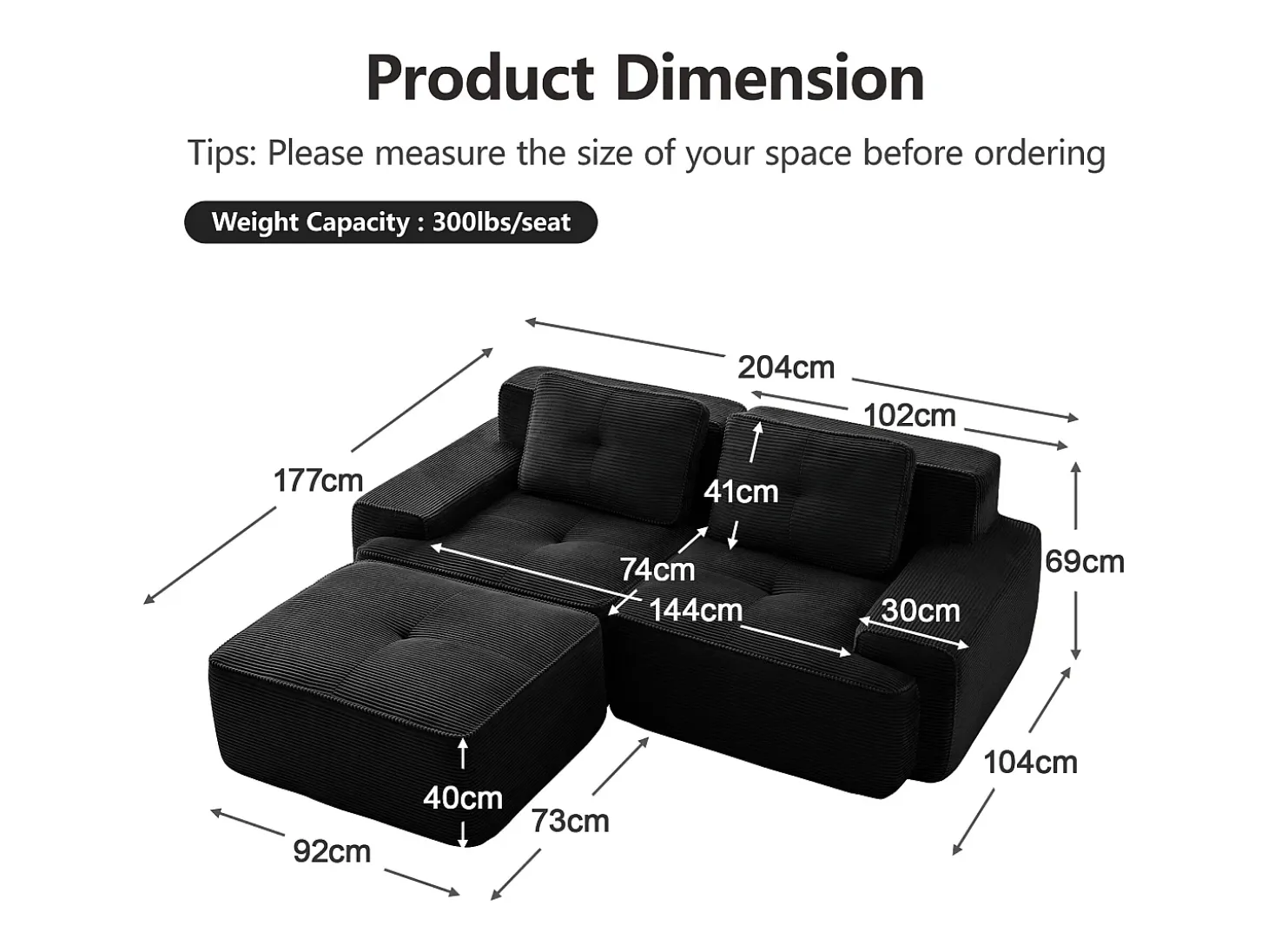 Sofá Modular 2 plazas en Pana, con otomana y 2 cojines, 204x177x69cm, Negro