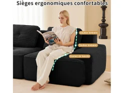 Sofá Modular 2 plazas en Pana con 2 cojines, sin montaje, 204x104x69cm, Negro