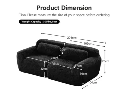 Sofá Modular 2 plazas en tela peluche, con 2 cojines, asiento extra profundo 75cm, 204x104x73cm, Negro