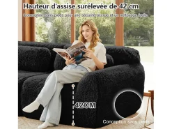 Sofá Modular 2 plazas en tela peluche, con 2 cojines, asiento extra profundo 75cm, 204x104x73cm, Negro