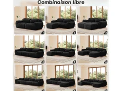 Sofá Modular 2 plazas en tela peluche, con 2 cojines, asiento extra profundo 75cm, 204x104x73cm, Negro