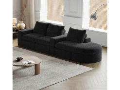 Sofá modular de 3 plazas en tela de chenilla negra con chaise longue redondeada - Respaldo acolchado
