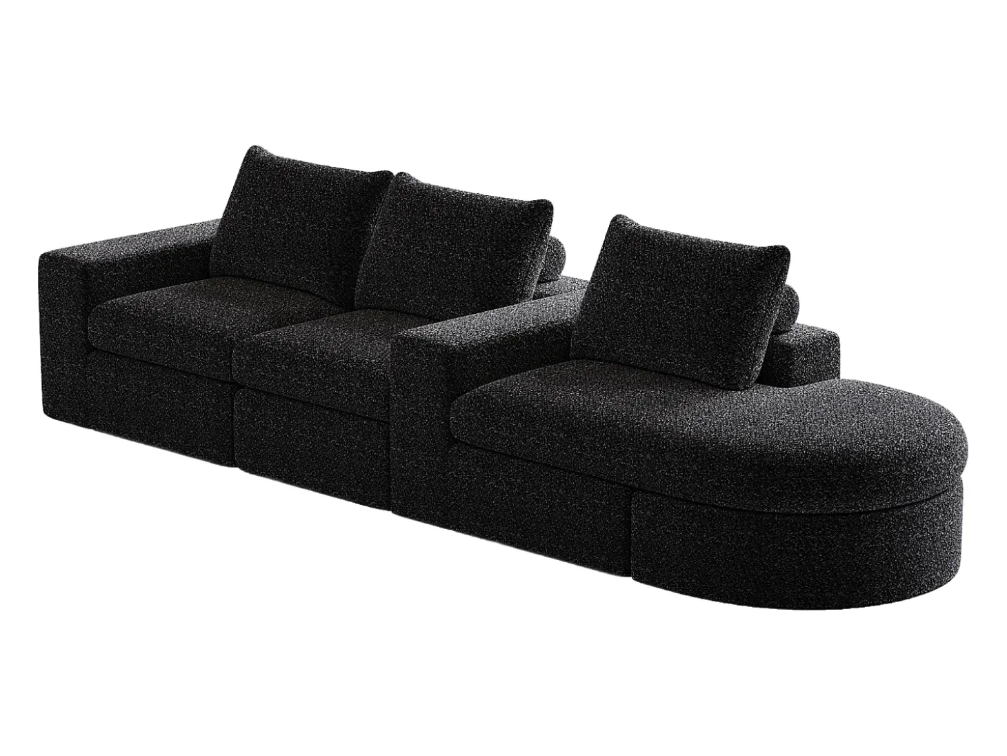 Sofá modular de 3 plazas en tela de chenilla negra con chaise longue redondeada - Respaldo acolchado