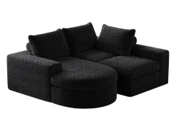 Sofá modular de 3 plazas en tela de chenilla negra con chaise longue redondeada - Respaldo acolchado