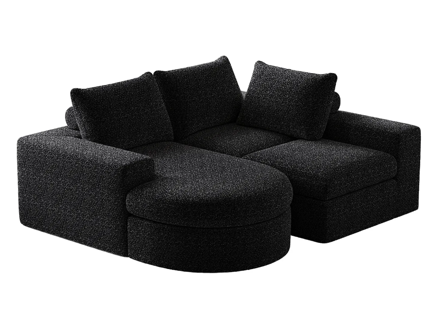 Sofá modular de 3 plazas en tela de chenilla negra con chaise longue redondeada - Respaldo acolchado