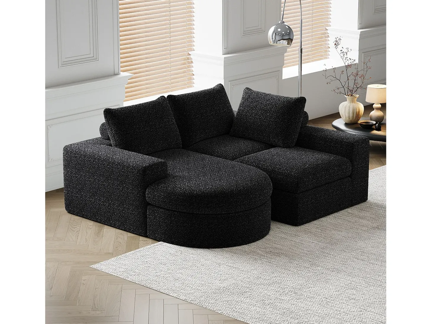 Sofá modular de 3 plazas en tela de chenilla negra con chaise longue redondeada - Respaldo acolchado