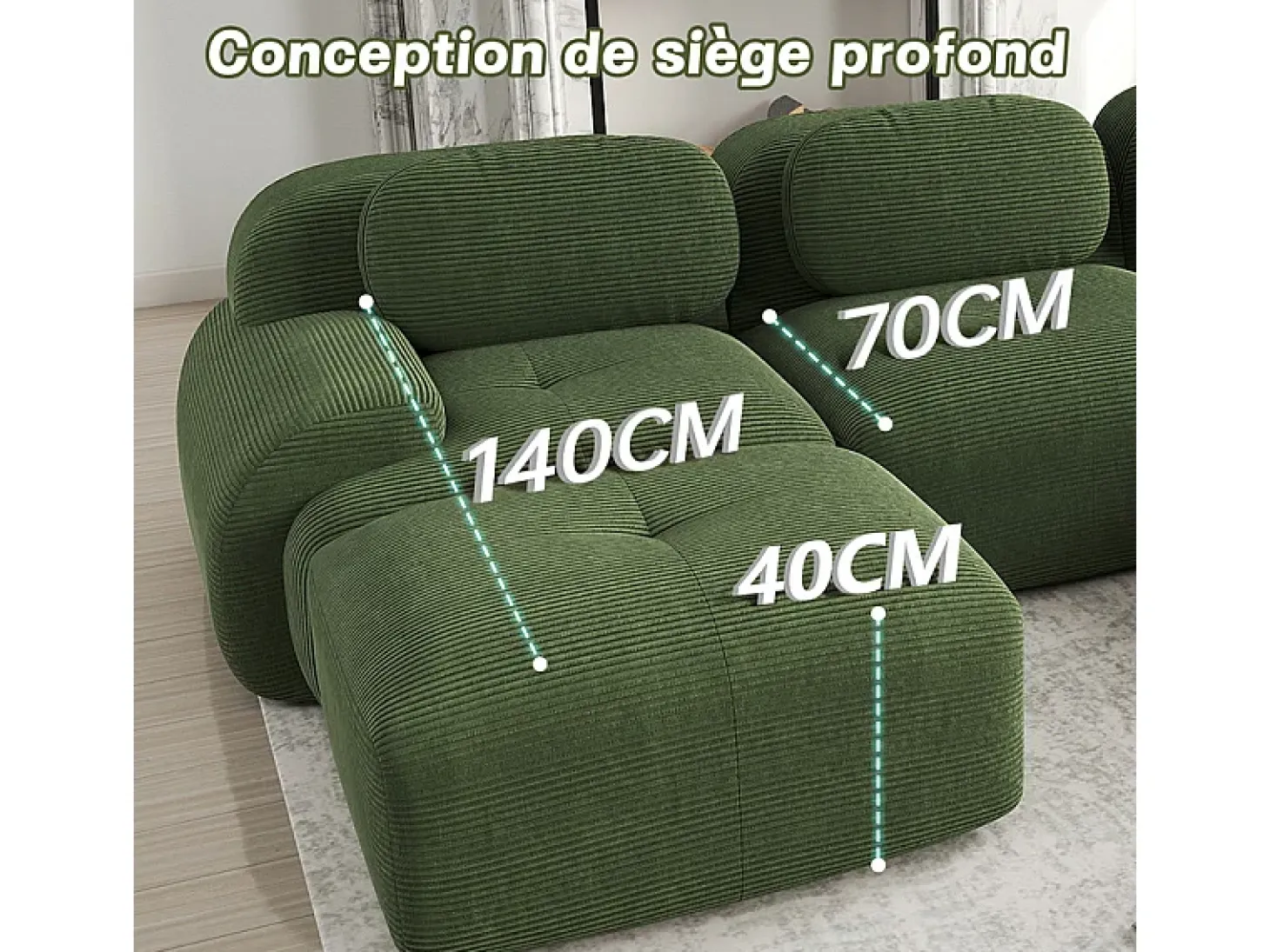 Sofá modular de pana - 2 plazas - con 2 cojines y 2 pouf - base antideslizante - 208x178x70cm - Verde