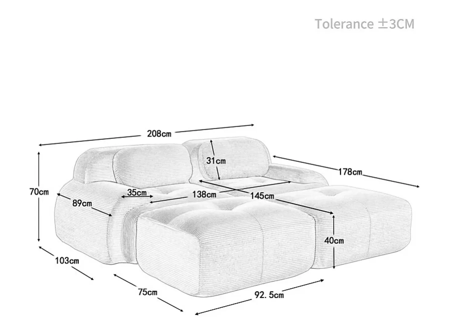 Sofá modular de pana - 2 plazas - con 2 cojines y 2 pouf - base antideslizante - 208x178x70cm - Verde