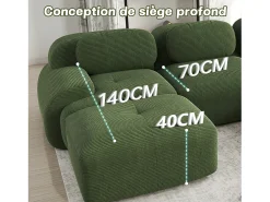 Sofá modular de pana - 2 plazas - con 2 cojines y 2 pouf - base antideslizante - 208x178x70cm - Verde