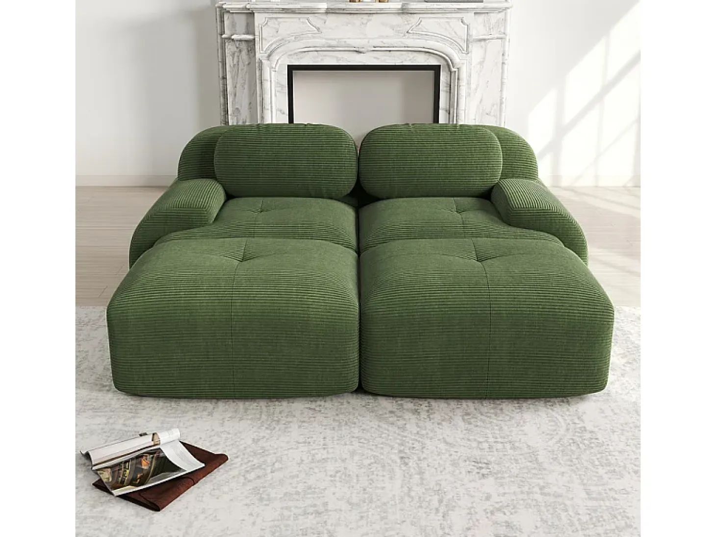 Sofá modular de pana - 2 plazas - con 2 cojines y 2 pouf - base antideslizante - 208x178x70cm - Verde