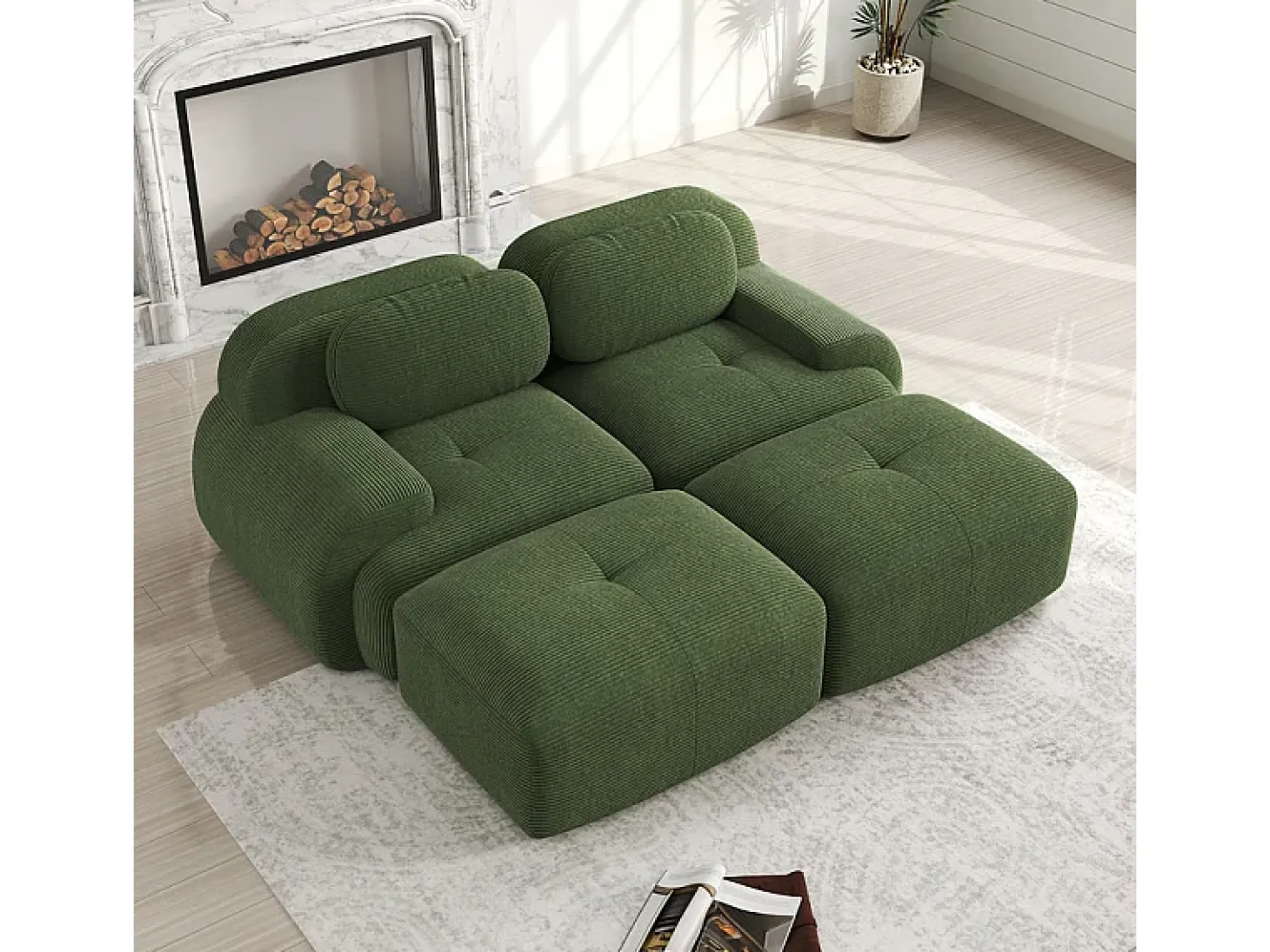 Sofá modular de pana - 2 plazas - con 2 cojines y 2 pouf - base antideslizante - 208x178x70cm - Verde