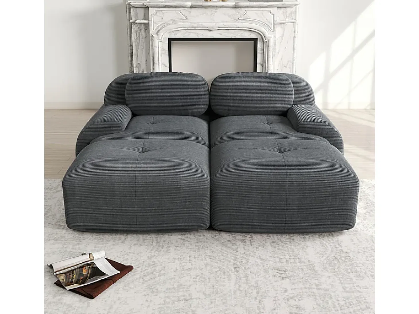 Sofá modular de pana - 2 plazas - con 2 cojines y 2 pouf - base antideslizante - 208x178x70cm - Gris