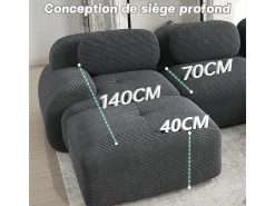 Sofá modular de pana - 2 plazas - con 2 cojines y 2 pouf - base antideslizante - 208x178x70cm - Gris