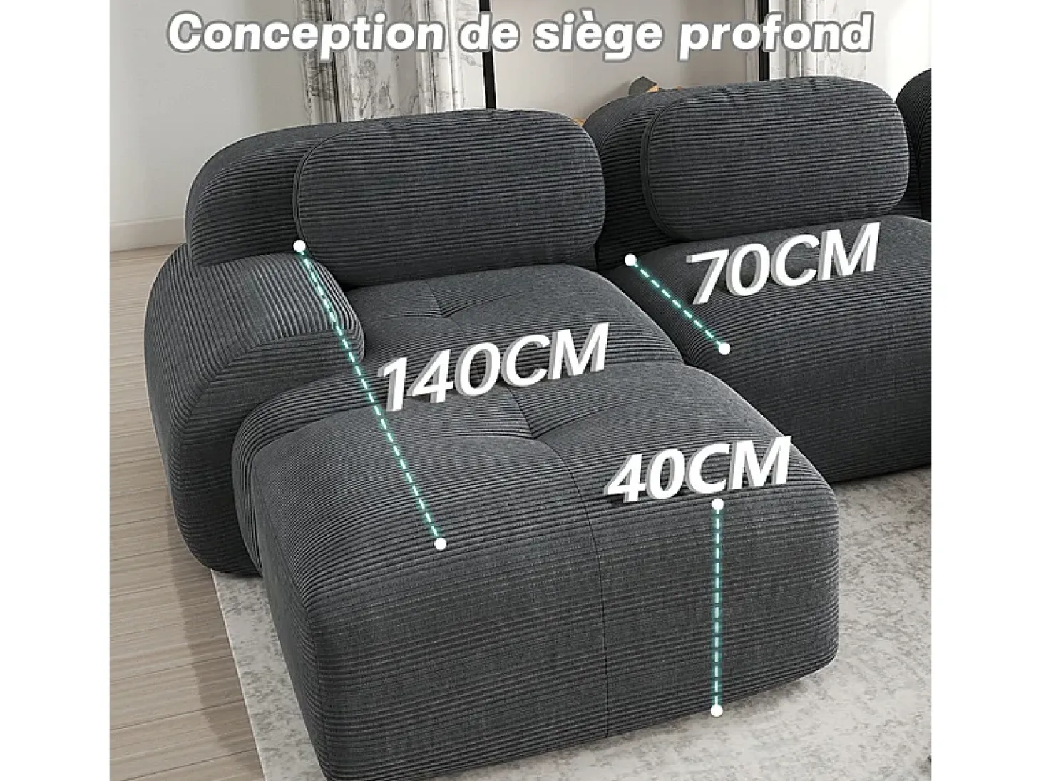 Sofá modular de pana - 2 plazas - con 2 cojines y 2 pouf - base antideslizante - 208x178x70cm - Gris