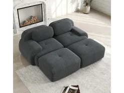 Sofá modular de pana - 2 plazas - con 2 cojines y 2 pouf - base antideslizante - 208x178x70cm - Gris