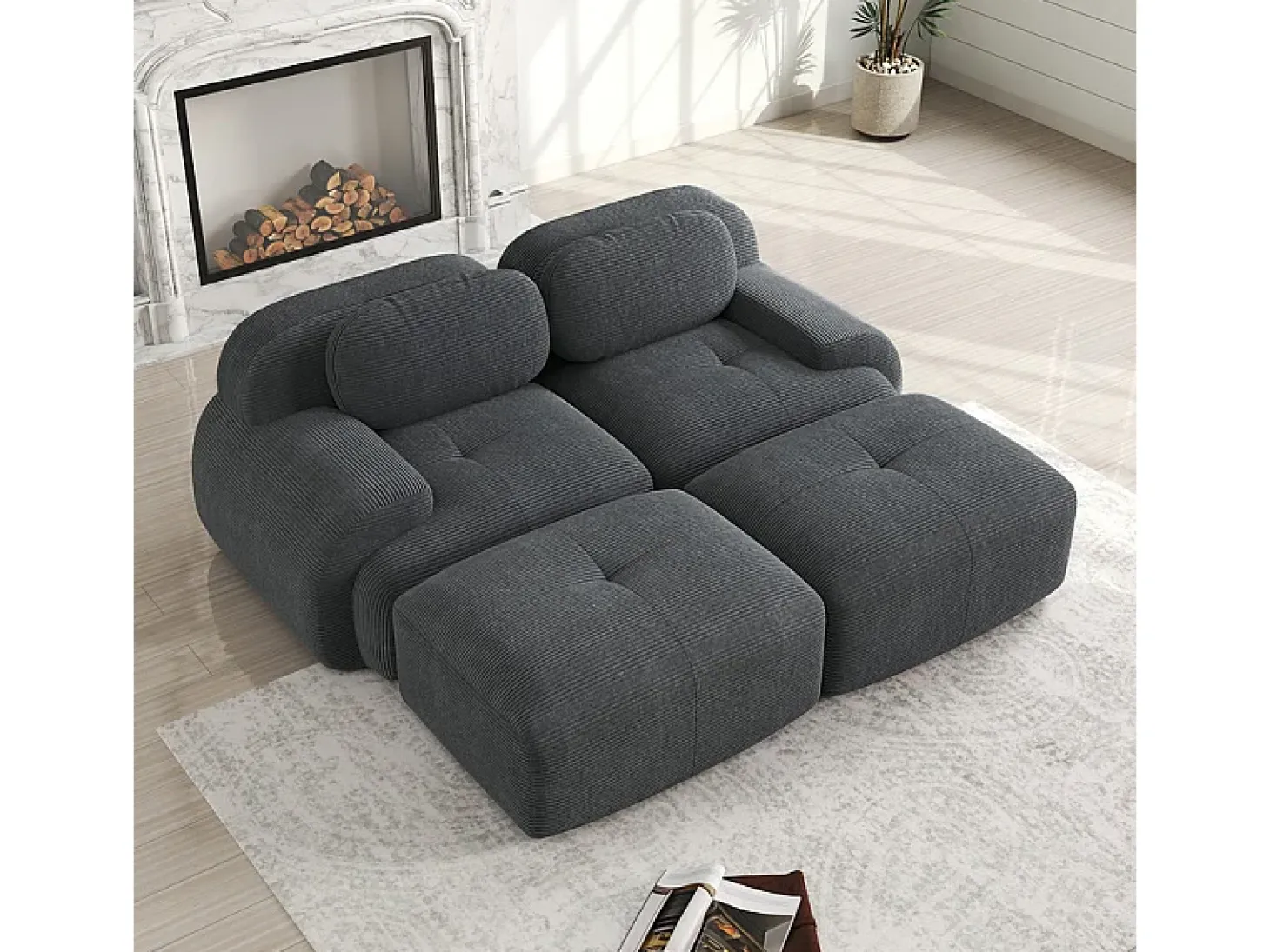 Sofá modular de pana - 2 plazas - con 2 cojines y 2 pouf - base antideslizante - 208x178x70cm - Gris