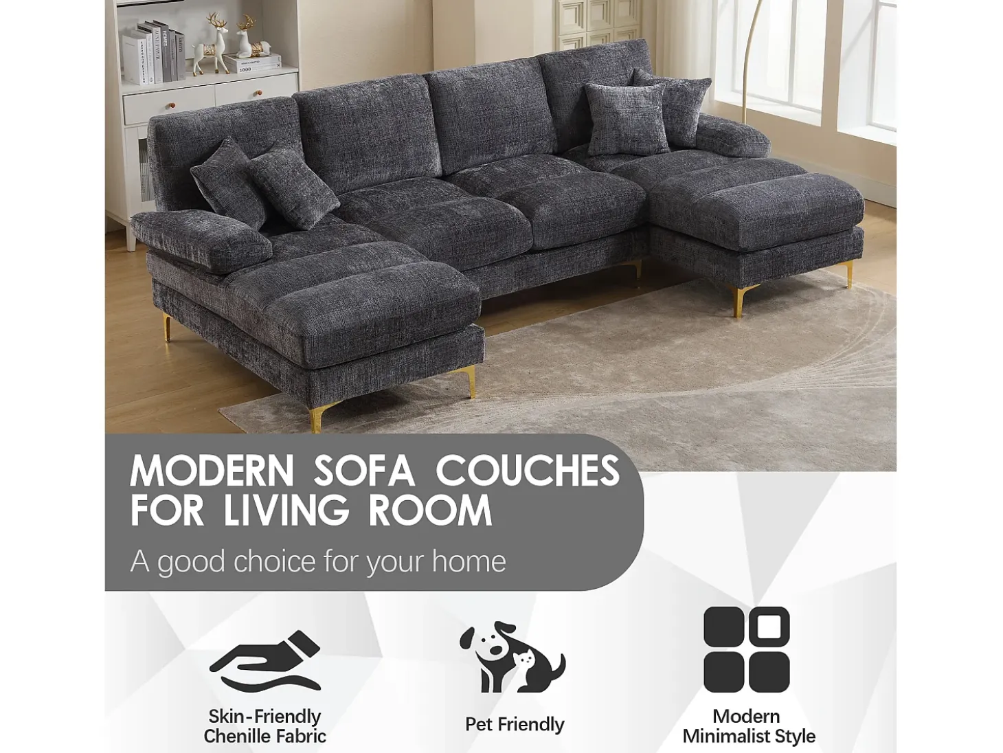 Sofá modular en U (272x136x88 cm) - 6 plazas en chenilla - Convertible en cama - Configuración relax