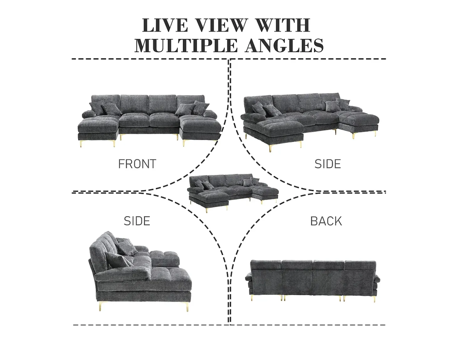 Sofá modular en U (272x136x88 cm) - 6 plazas en chenilla - Convertible en cama - Configuración relax