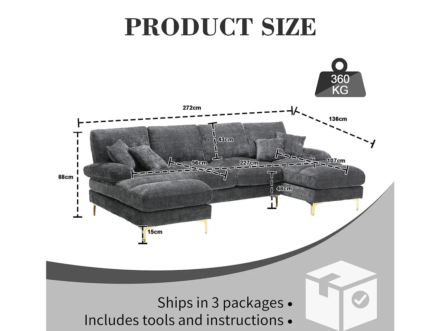 Sofá modular en U (272x136x88 cm) - 6 plazas en chenilla - Convertible en cama - Configuración relax
